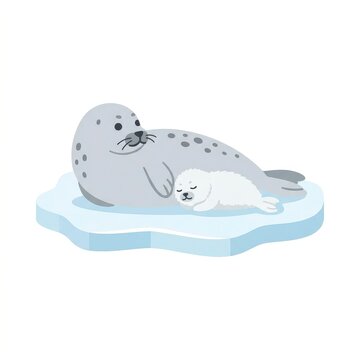 Cute seal and pup resting on ice floe