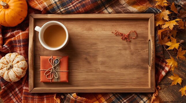 Cozy Autumn Flat Lay Featuring a Wooden Tray with a Warm Cup of Coffee, an Orange Gift Box Tied with Twine, Seasonal Pumpkins, and Vibrant Maple Leaves on a Plaid Blanket Background for Thanksgiving