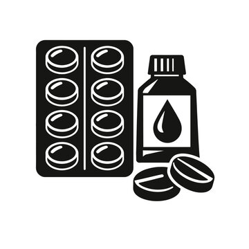 Black and white icon of medicine pills and bottle with drop on label for health and pharmacy themes