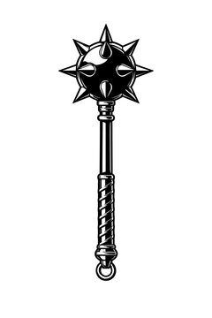 A black and white illustration of a spiked ball and chain flail weapon with a long handle and metal ring
