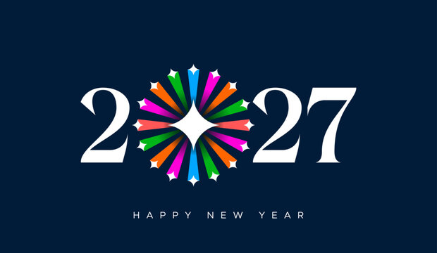 Happy New Year 2027 colorful firework starburst banner. White serif luxury 2027 numbers with central multicolor starburst graphic on dark navy background.
