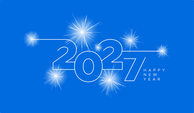 Happy New Year 2027 continuous line art firework banner. White outline 2027 numbers with sparkling firework burst graphic on bright blue background.
