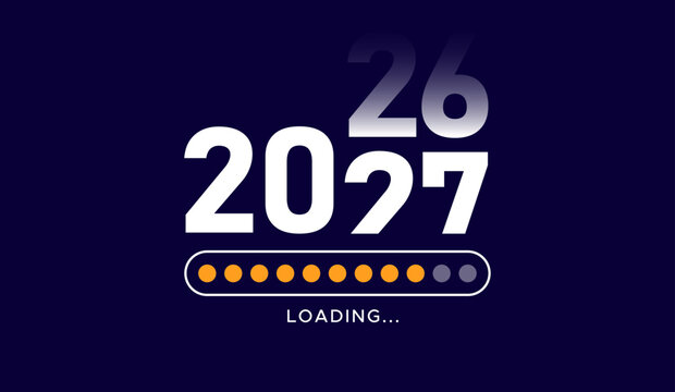 2026 to 2027 Happy New Year loading progress bar graphic. Minimalist dot progress bar year change typography on dark navy background.
