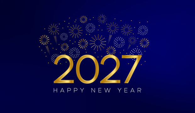Happy New Year 2027 luxury gold firework burst banner. Golden 2027 serif numbers with sparkling firework display background on dark navy blue background.
