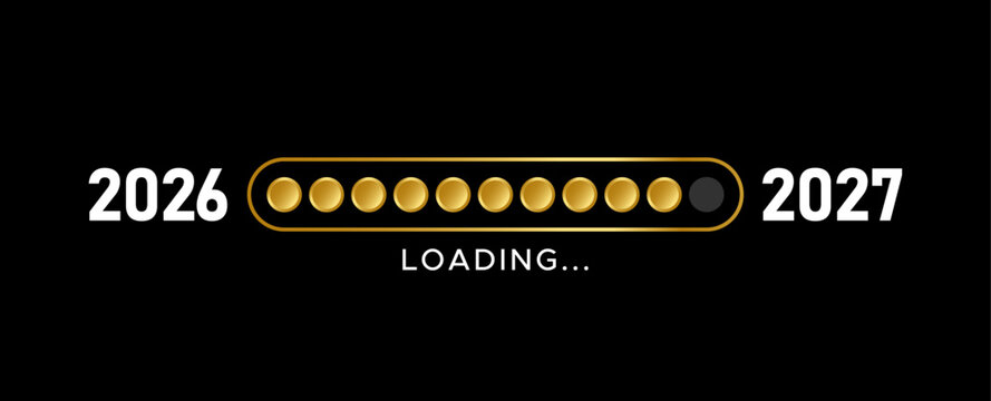 2026 to 2027 Happy New Year loading progress bar graphic. Gold dot progress bar year change typography on dark black background.
