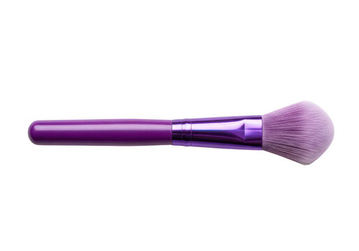 Purple makeup brush with soft bristles rests on transparent background cosmetic lavender