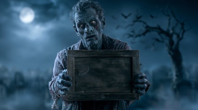 A zombie holding a blank wooden sign in a graveyard at night, with bats and the moon in the background.