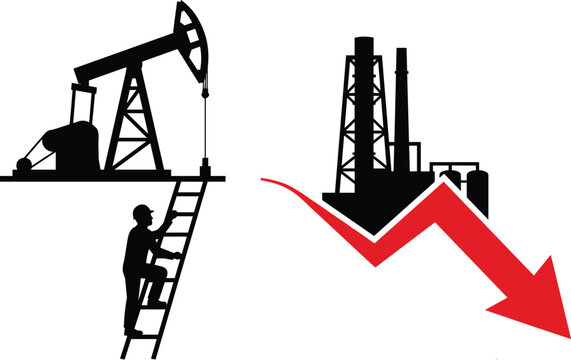 Oil price drop concept with petroleum pumpjack factory silhouette and red downward economic financial arrow