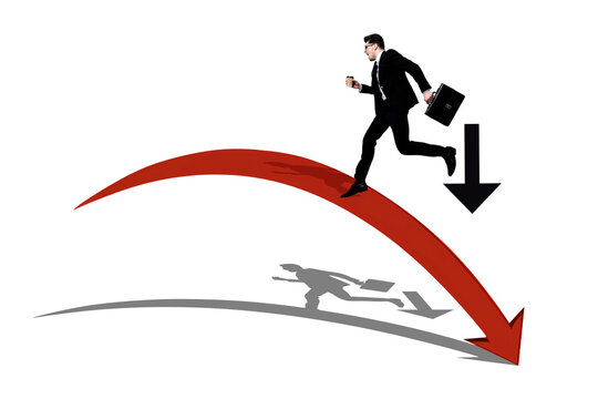 Image collage creative banner of businessman running on arrow going down blue color background