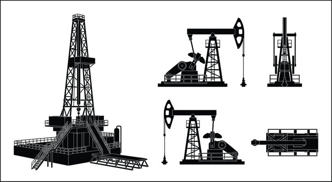 Oil rig derrick and pumpjack industry silhouette set vector illustration for petroleum drilling fuel extraction projects