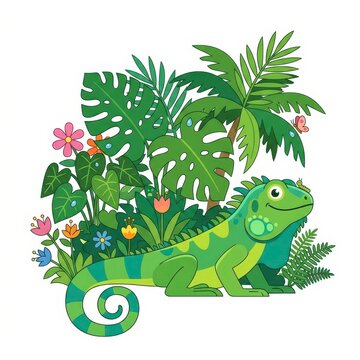 Cute green iguana in tropical jungle foliage