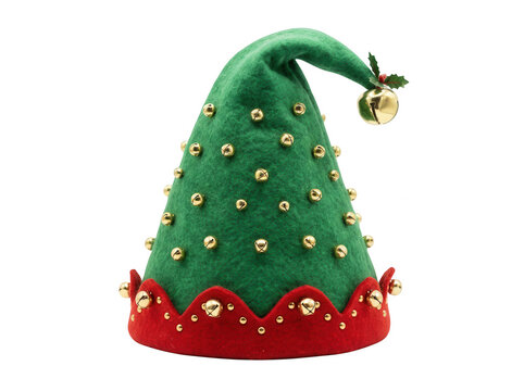 Green elf hat with gold bells isolated on transparent background