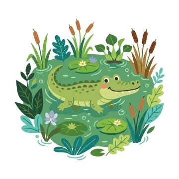 Cute cartoon alligator in swamp pond vector illustration