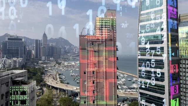 hong kong cyberpunk city with overlayed code and data on the buildings