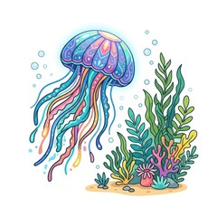 Fototapeta premium Colorful jellyfish and coral reef underwater vector illustration