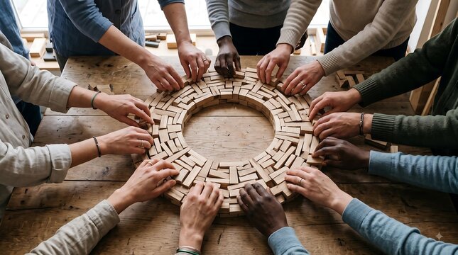 Group of diverse people hands building a circular structure with wooden blocks representing teamwork and unity