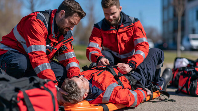 Outdoor emergency rescue scene with two paramedics securing an injured person onto a bright rescue spine board, one responder stabilizing the head while another fastens chest and leg straps, emergen