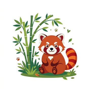 Cute red panda with bamboo on white background