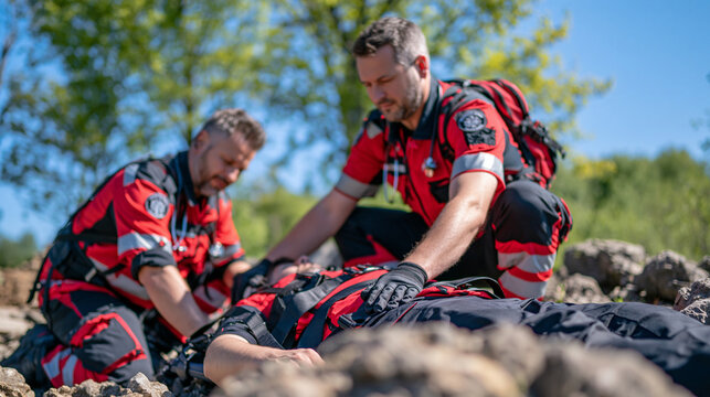 Paramedics performing spinal immobilization on an injured person during a wilderness emergency response, patient secured firmly to a spine board while rescuers carefully check straps and head stabil