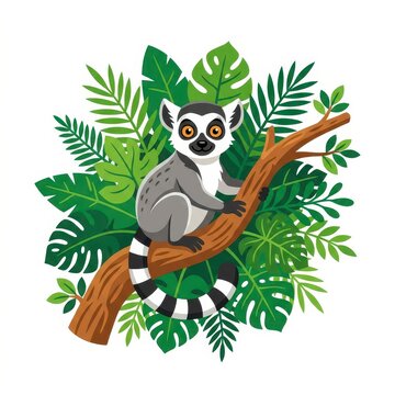 Cute ring-tailed lemur on a branch with tropical leaves