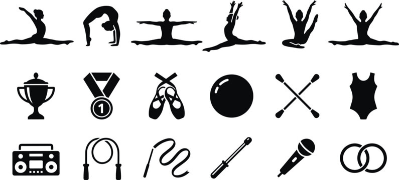 Rhythmic gymnastics silhouette vector icon set featuring athletic dancers and equipment like ribbon ball clubs hoop medal and trophy symbols