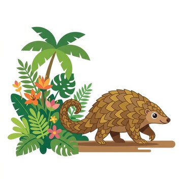 Cute pangolin in tropical jungle vector illustration