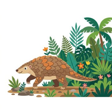 Cute pangolin walking in the jungle vector illustration
