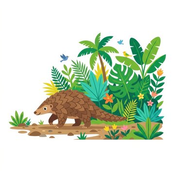 Cute pangolin in jungle vector illustration