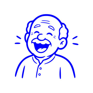 A simple blue line art illustration of an elderly man laughing joyfully, isolated on a white background.