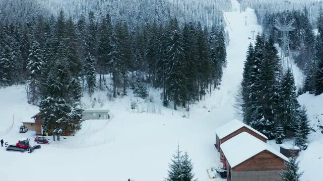 Aerial view of ski resort with chalets and slope in snowy forest