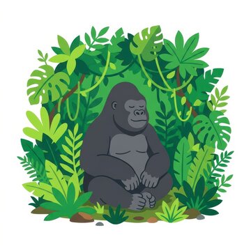 Cute gorilla meditating in jungle foliage
