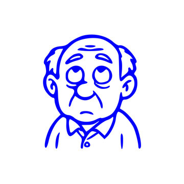 A simple blue line art illustration of an older man with an annoyed expression as he rolls his eyes upward.