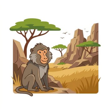 Cute baboon in african savanna landscape vector illustration