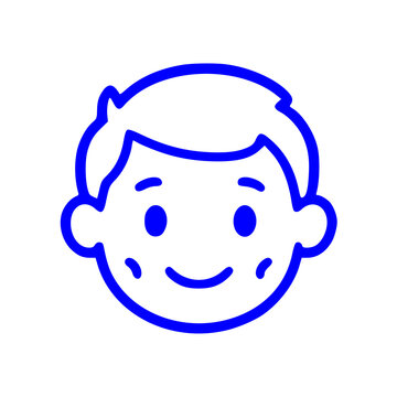 A simple blue line art illustration of a happy boy face with prominent dimples, representing a cute and cheerful character.