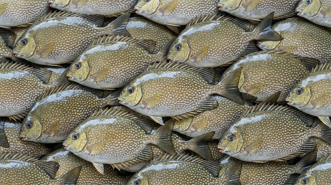 Landscape view of a seamless pattern featuring fresh speckled rabbitfish for culinary website backgrounds, seafood market packaging, and textile design.