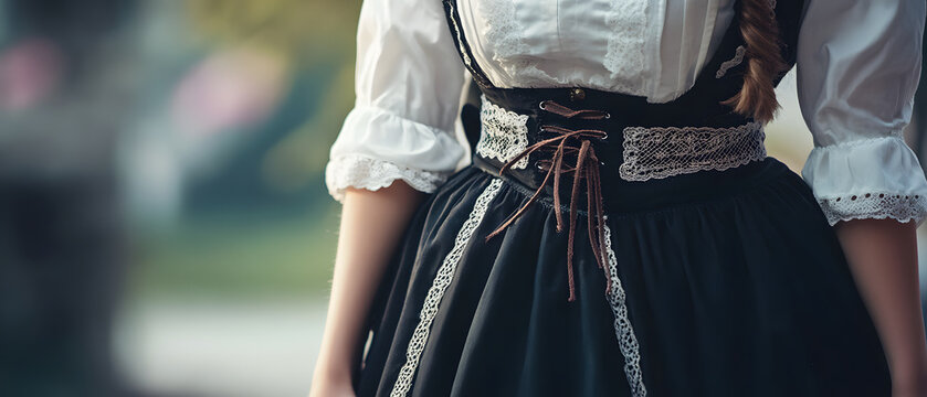 Close-up of a woman wearing a traditional dirndl with lace trim and brown lacing on the corset, standing outdoors in soft natural light. Podcast cover for cultural heritage or folk