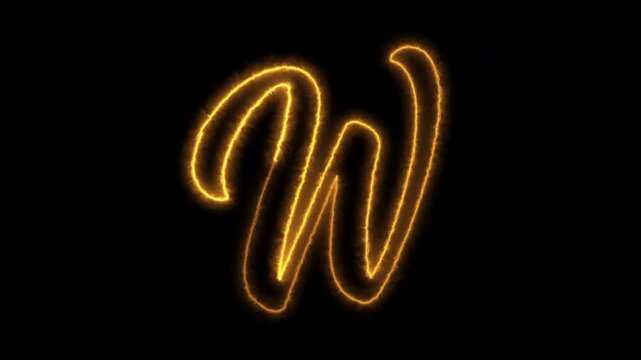 Glowing golden letter w written in neon light animation isolated on solid black background.