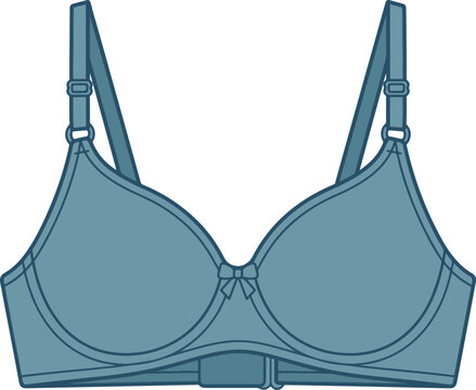 Teal blue women's padded bra with adjustable straps, small front bow and hook closure, lingerie clothing vector illustration