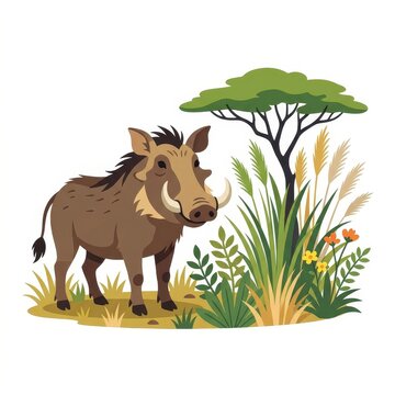 Cute cartoon warthog in African savanna