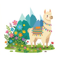 Fototapeta premium Cute llama with flowers and mountains vector illustration
