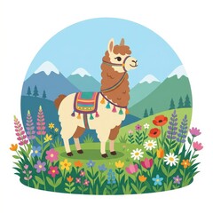 Fototapeta premium Cute llama in mountain meadow with flowers vector illustration
