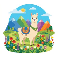 Fototapeta premium Cute llama in mountain landscape with flowers