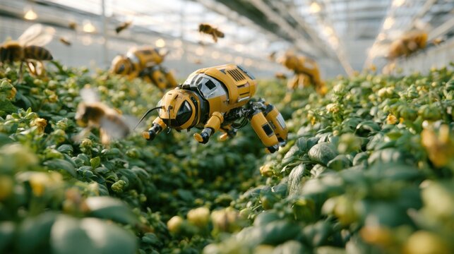 Drone bee-like robots and natural bees pollinate crops in a greenhouse. This demonstrates harmony between technology and nature.
