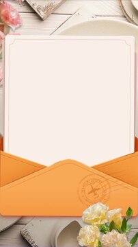 Orange envelopes with blank stationary cards on a rustic wooden table