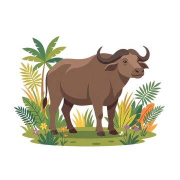 African buffalo in tropical jungle vector illustration