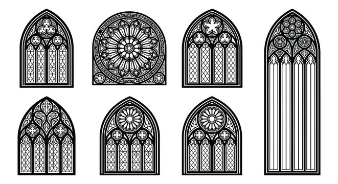 Gothic window and rose window vector illustrations on a white background