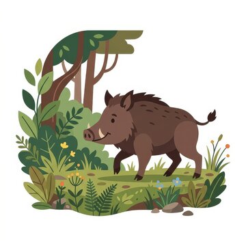 Cute wild boar in forest vector illustration