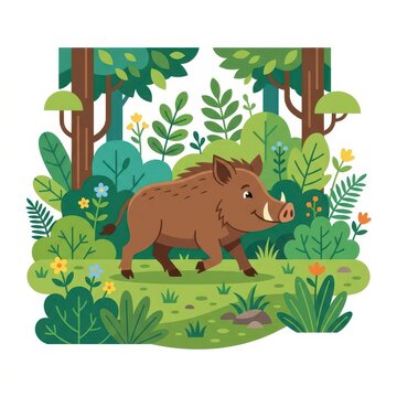 Cute wild boar in a forest vector illustration