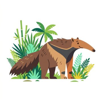 Cute anteater in jungle leaves flat vector illustration