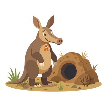 Cute cartoon aardvark near burrow